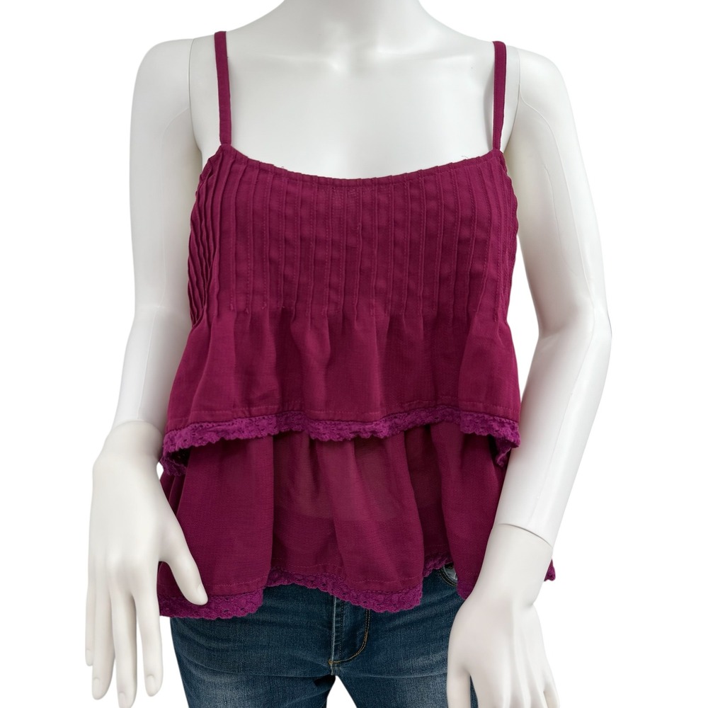 ARIAT Women Medium Cami Top Purple Tiered Ruffle Crochet Lace Pintuck Sleeveless